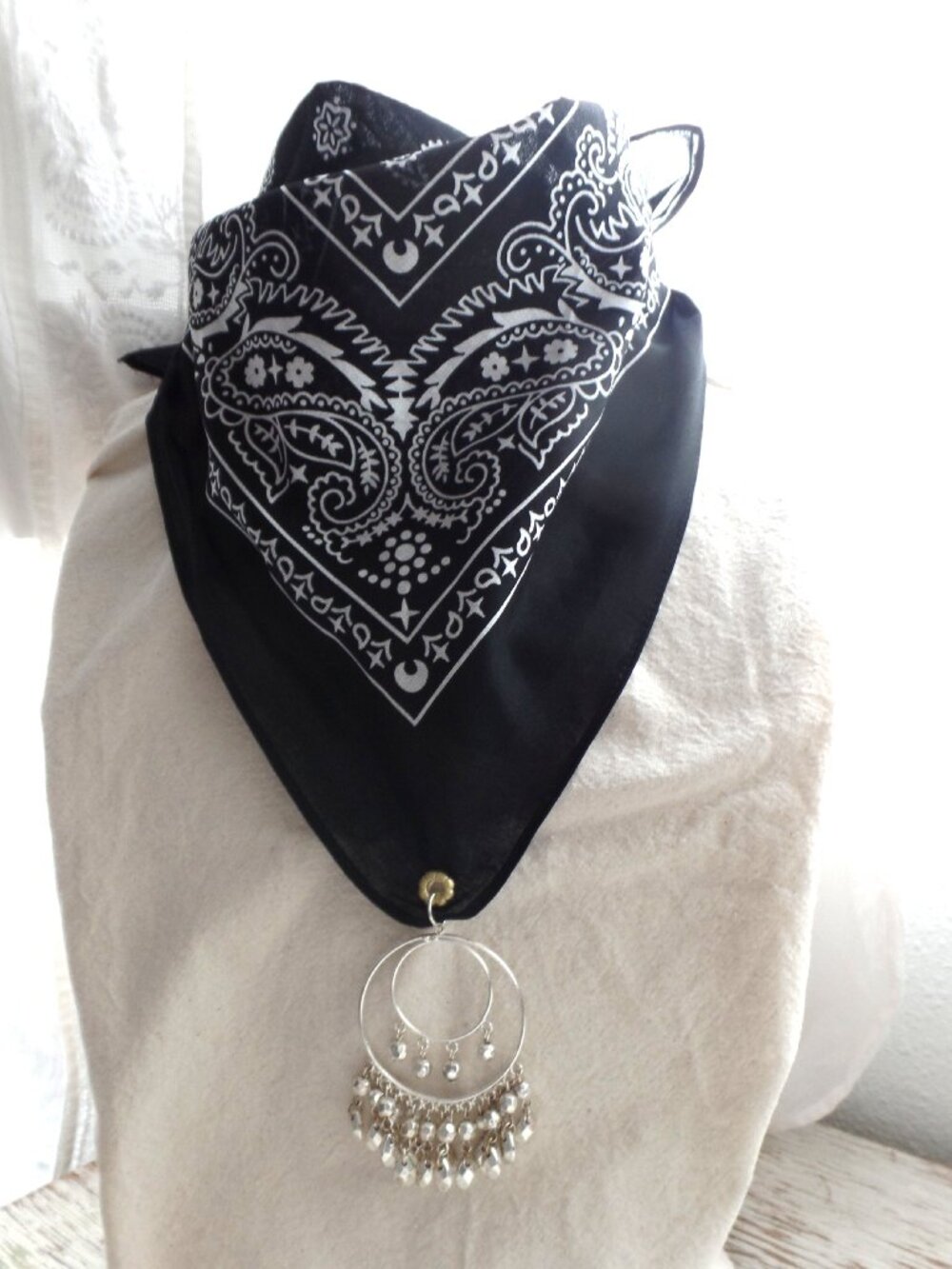 Hand Crafted Faux Pearl CHARM Paisley Bandana TRIANGLE Scarf BLACK
